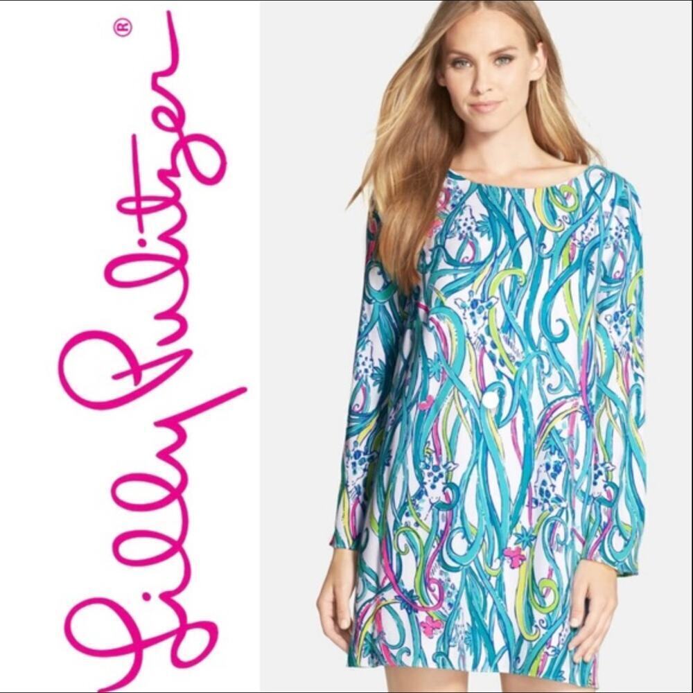 Lilly Pulitzer Turquoise Pink Green Printed Long-Sleeve Mini Dress